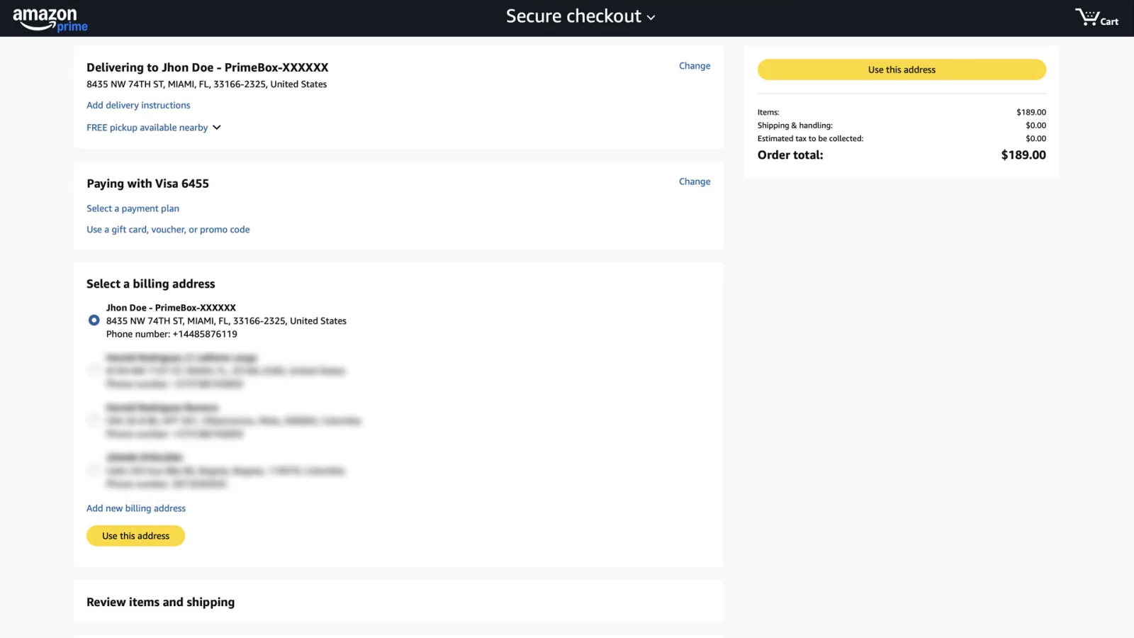 Amazon checkout screen with the Miami address selected