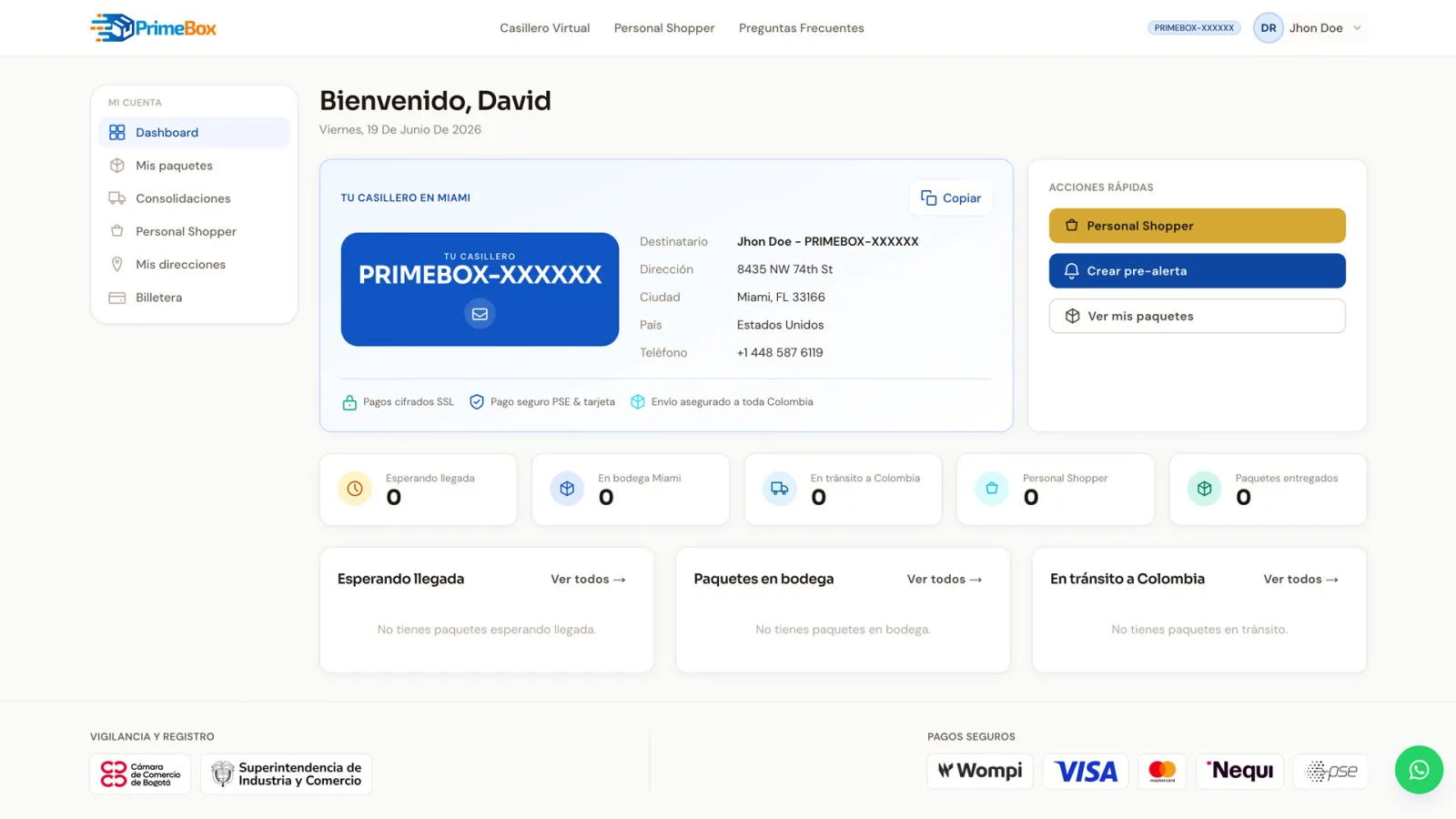 Example of a Miami virtual mailbox address with PrimeBox code