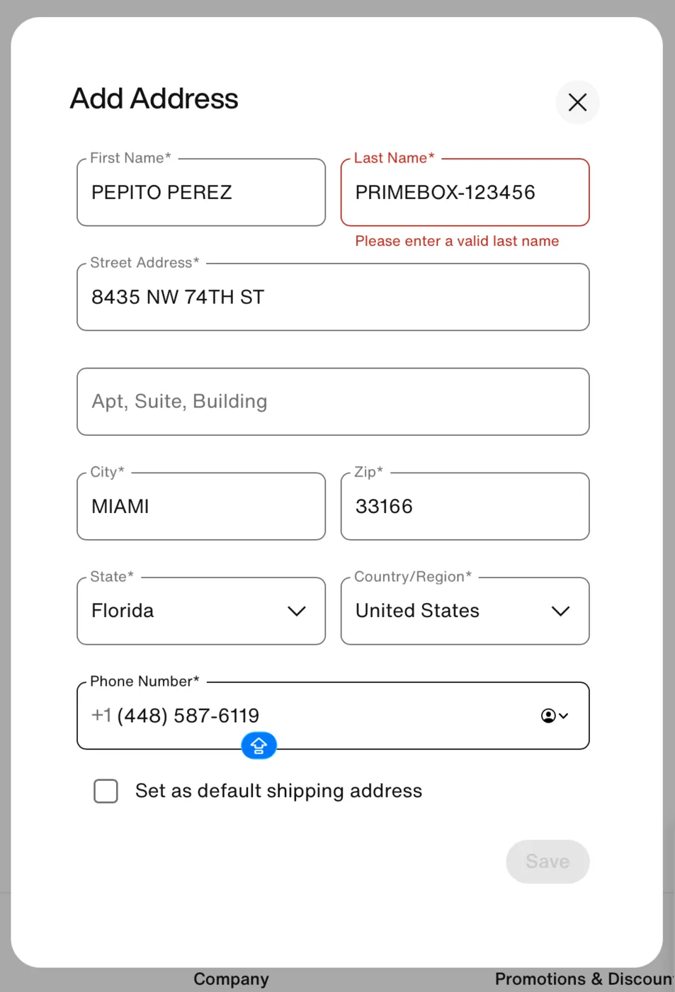 Formulario de dirección que rechaza el código PRIMEBOX escrito solo en el campo Last Name
