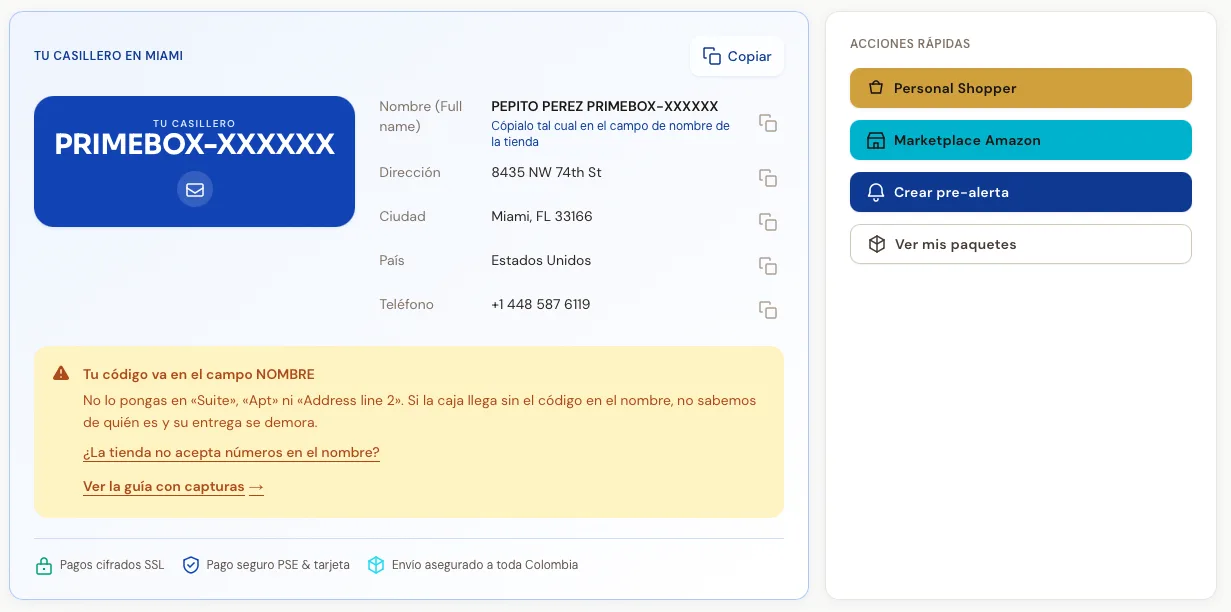 Tarjeta del casillero en el panel de PrimeBox: la línea de nombre con el código y un botón de copiar en cada campo